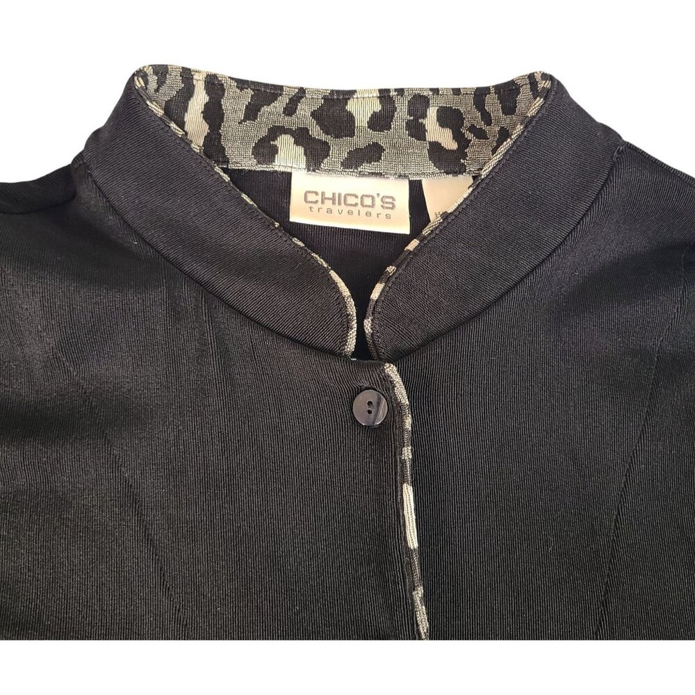 Chico’s Travelers Tunic Top Sz 3 Black Leopard Trim Long Sleeve Button Front XL - Picture 3 of 12